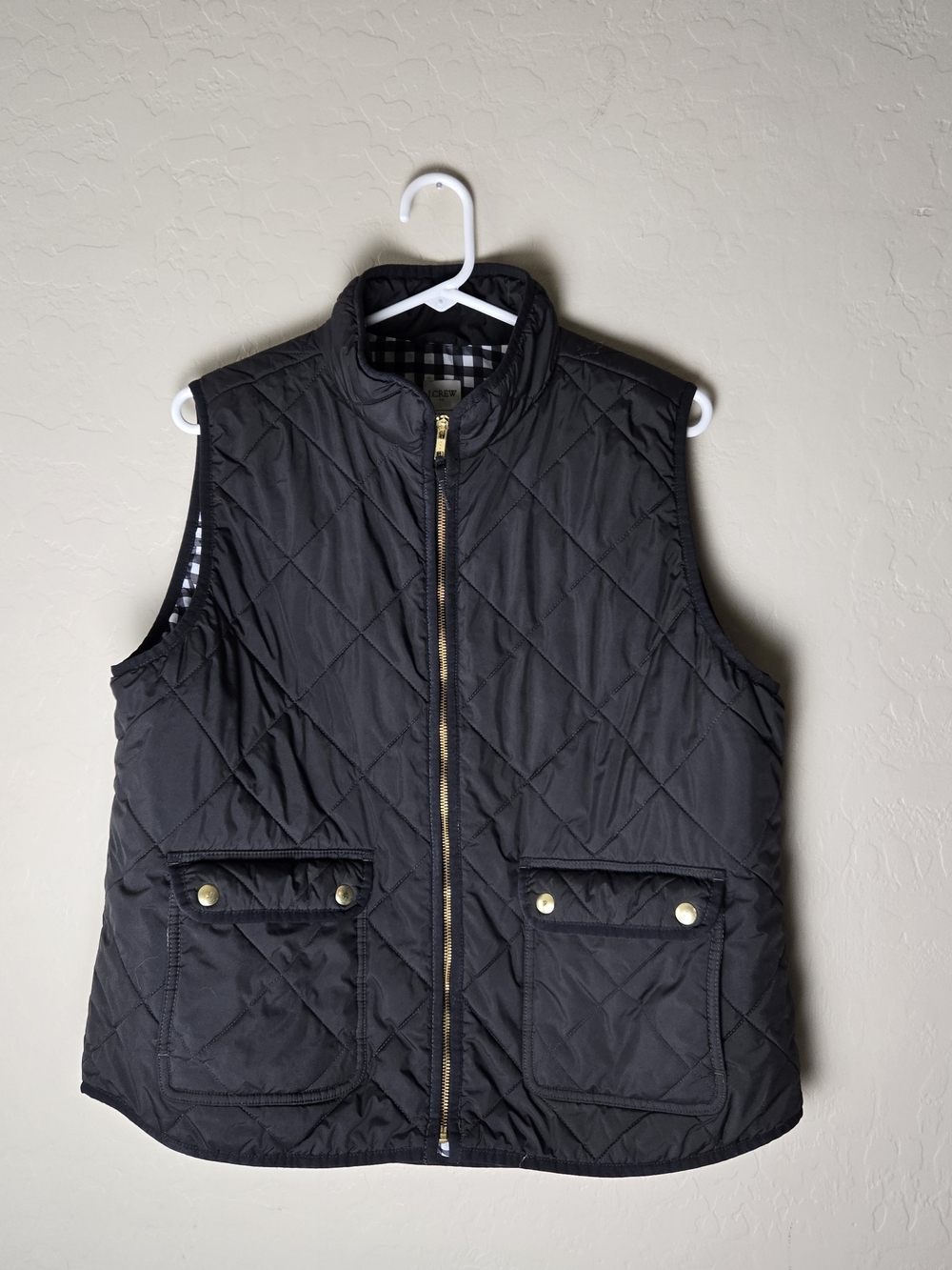 J.Crew Factory Womens Black Quilted Vest Gingham Lined Gold Hardware XL